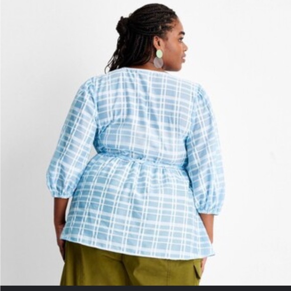 Blue Plaid V-Neck Blouse - Picture 2 of 6